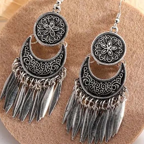 PERSIAN FILIGREE "SUN & CRESCENT" DANGLY SILVERY CONES EARRINGS  42 - Picture 2 of 3